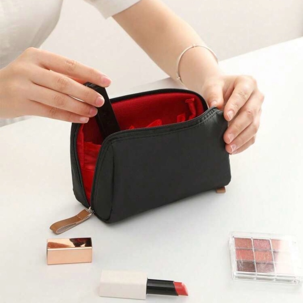 Black Cosmetic Bag with Red Interior - Stylish Travel Makeup Case